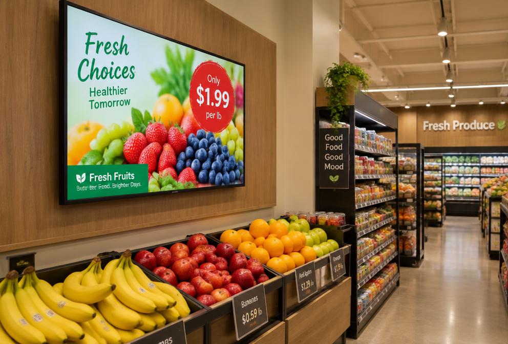 TV exibindo publicidade em lojas e supermercados