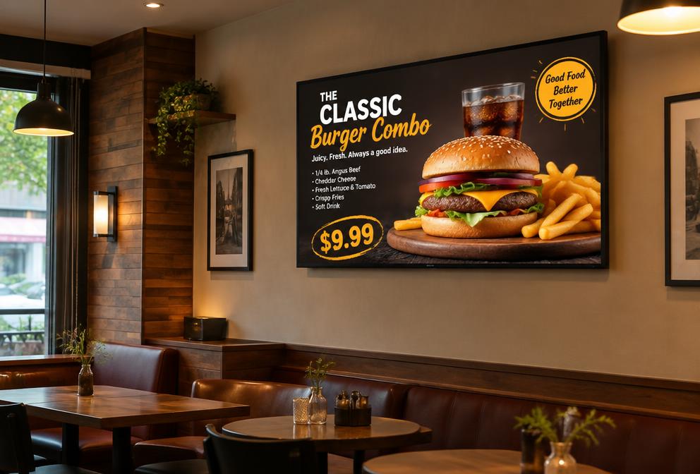 TV exibindo publicidade em restaurantes